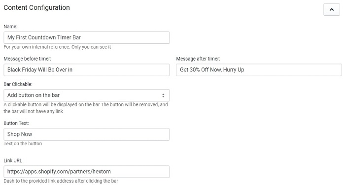 Countdown Timer Bar Shopify App Configuration 