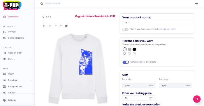 Customizing T-Shirt in T-Pop Shopify App