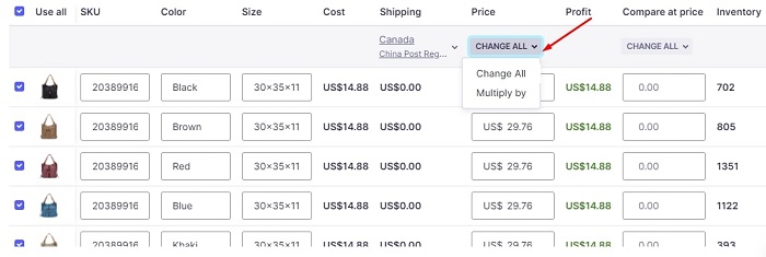 How to change pricing of all variants in one go in Oberlo 