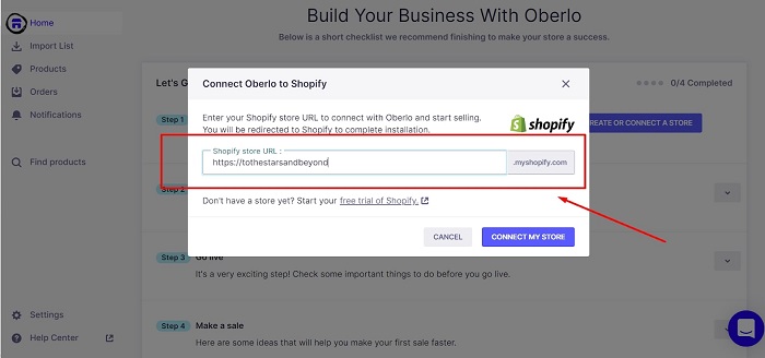 how to link a shopify store to oberlo chrome extension