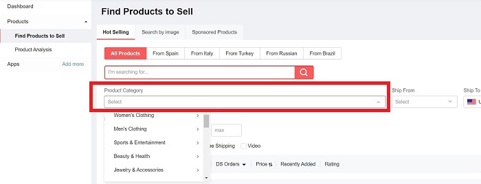 Product Category Features in AliExpress Dropship Center