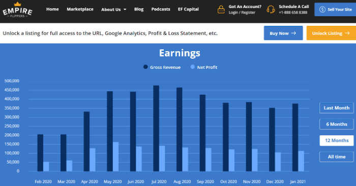 business growth graph of website for sale on empier flippers