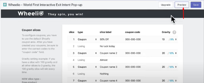 coupon slices settings in wheelio