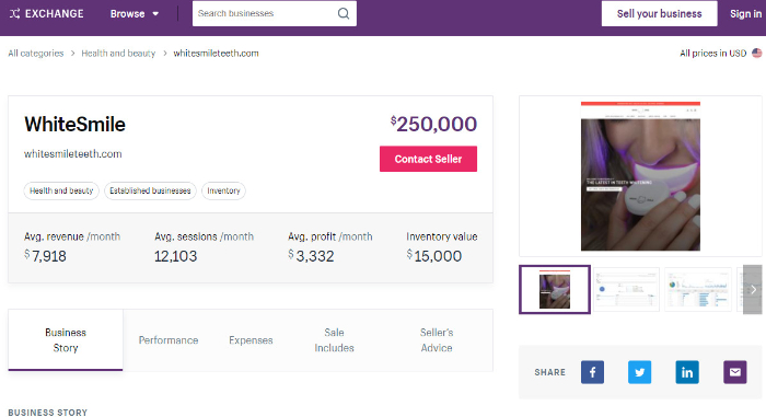 detailed view of a website listing on exchange to find ecommerce business for sale