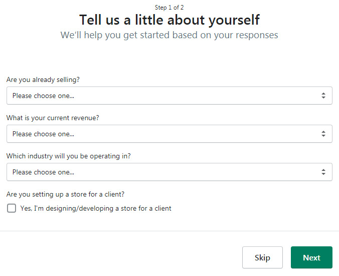 Fill up personal details to set up Shopify store 