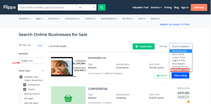 filter search results on flippa to find ecommerce business for sale