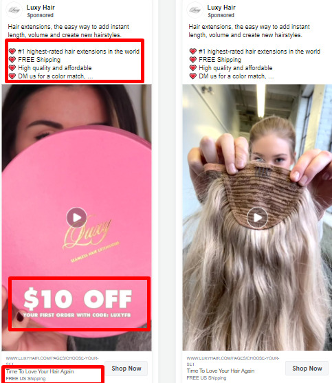 luxy hair facebook ad example