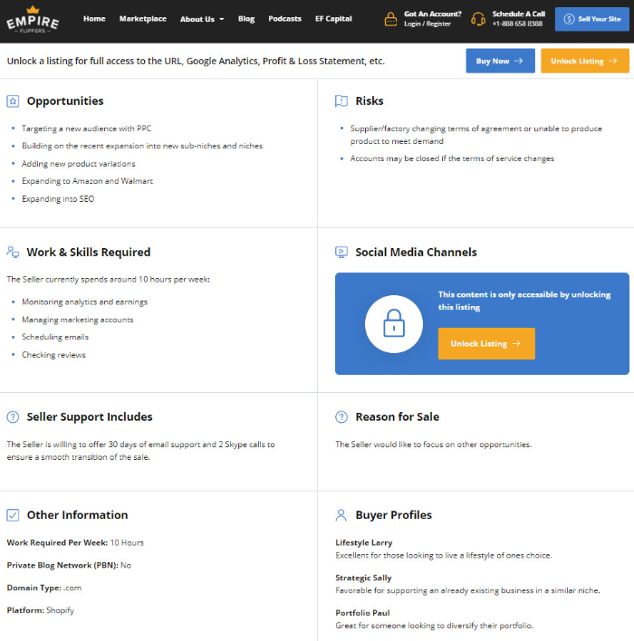 other infomration about website for sale on empier flippers