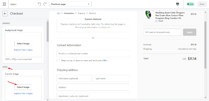 select images for checkout images in shopify