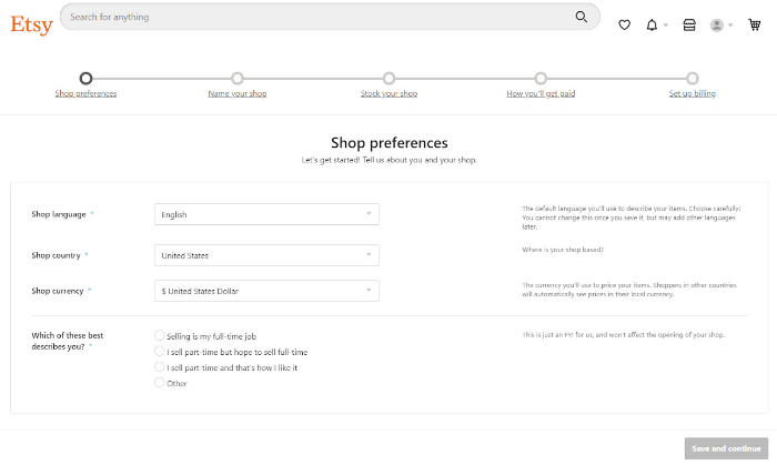 setting shop preference in etsy 
