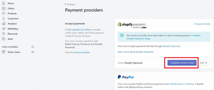 shopify complete account setup