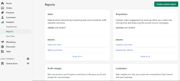 shopify reports section
