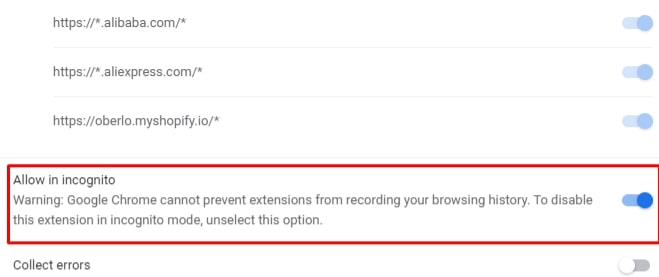 allow Oberlo Chrome extension for Incognito 