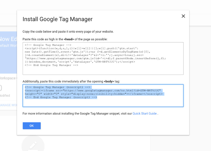 copy google tag manager body installation code