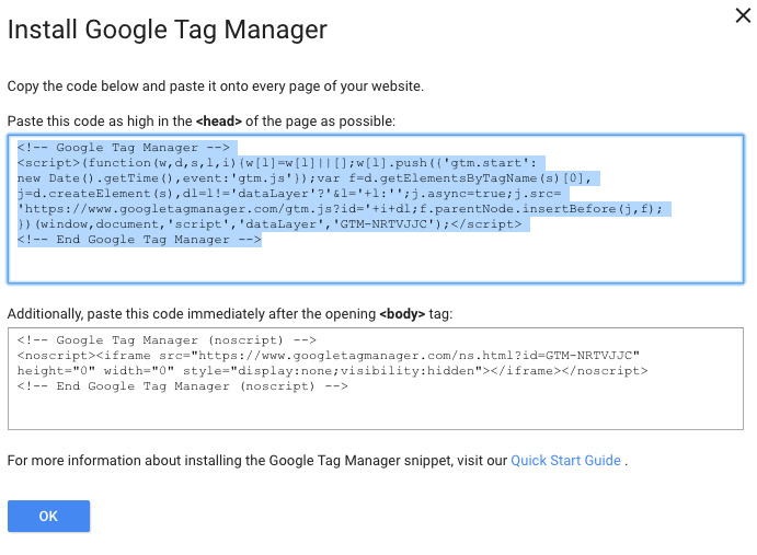 copy google tag manager header tag installation code