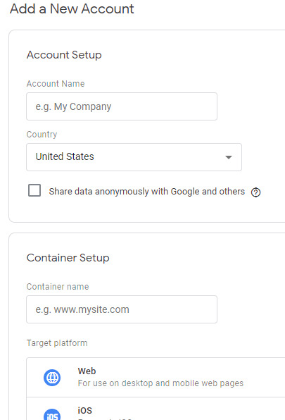 create an account for google tag manager shopify integration