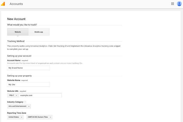 enter account details for shopify google analytics integration