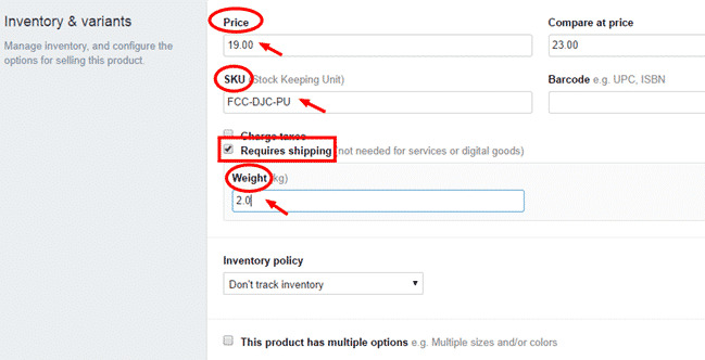 fill in the inventory and variants detail