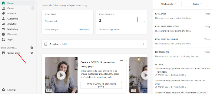 log in to your shopify store and go to online store option
