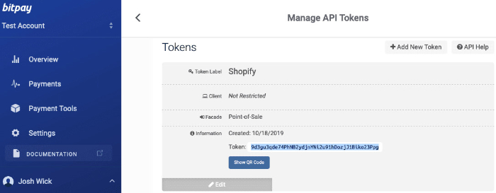 manage api tokens on bitpay