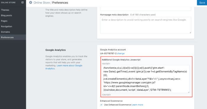 paste the google analytics additional javascript code