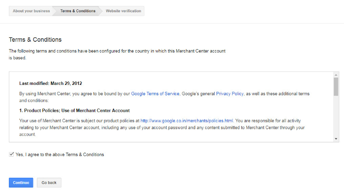 agreeing to terms and services of google merchant center