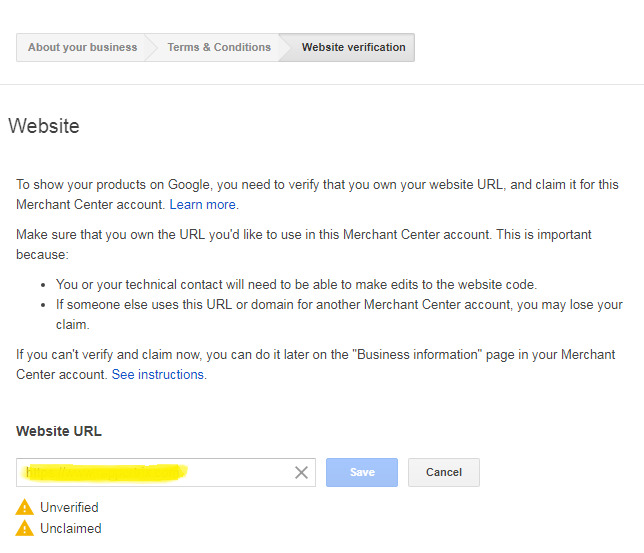 verify your website url on google merchant center