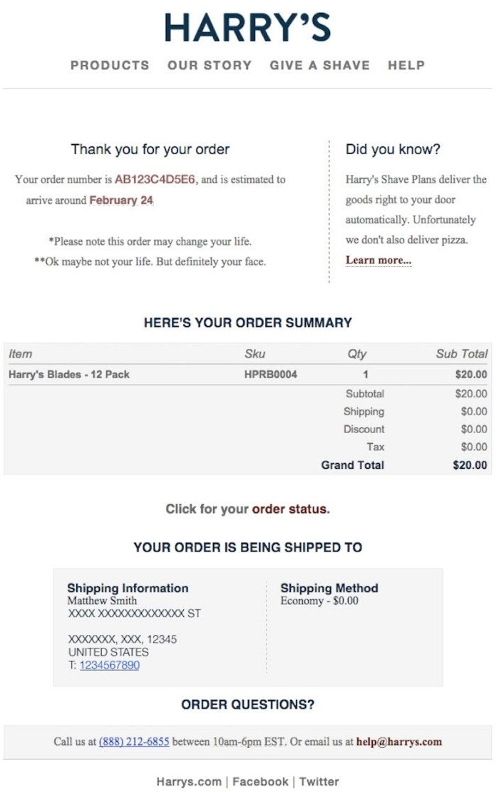 harry's order confirmation email example
