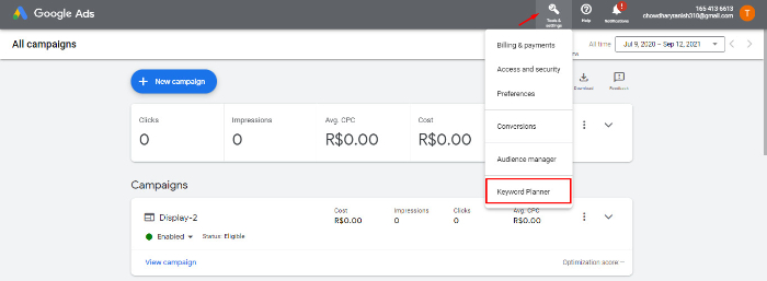 go to tools & settings and click keyword planner